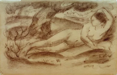 Liegender weiblicher Akt in Landschaft